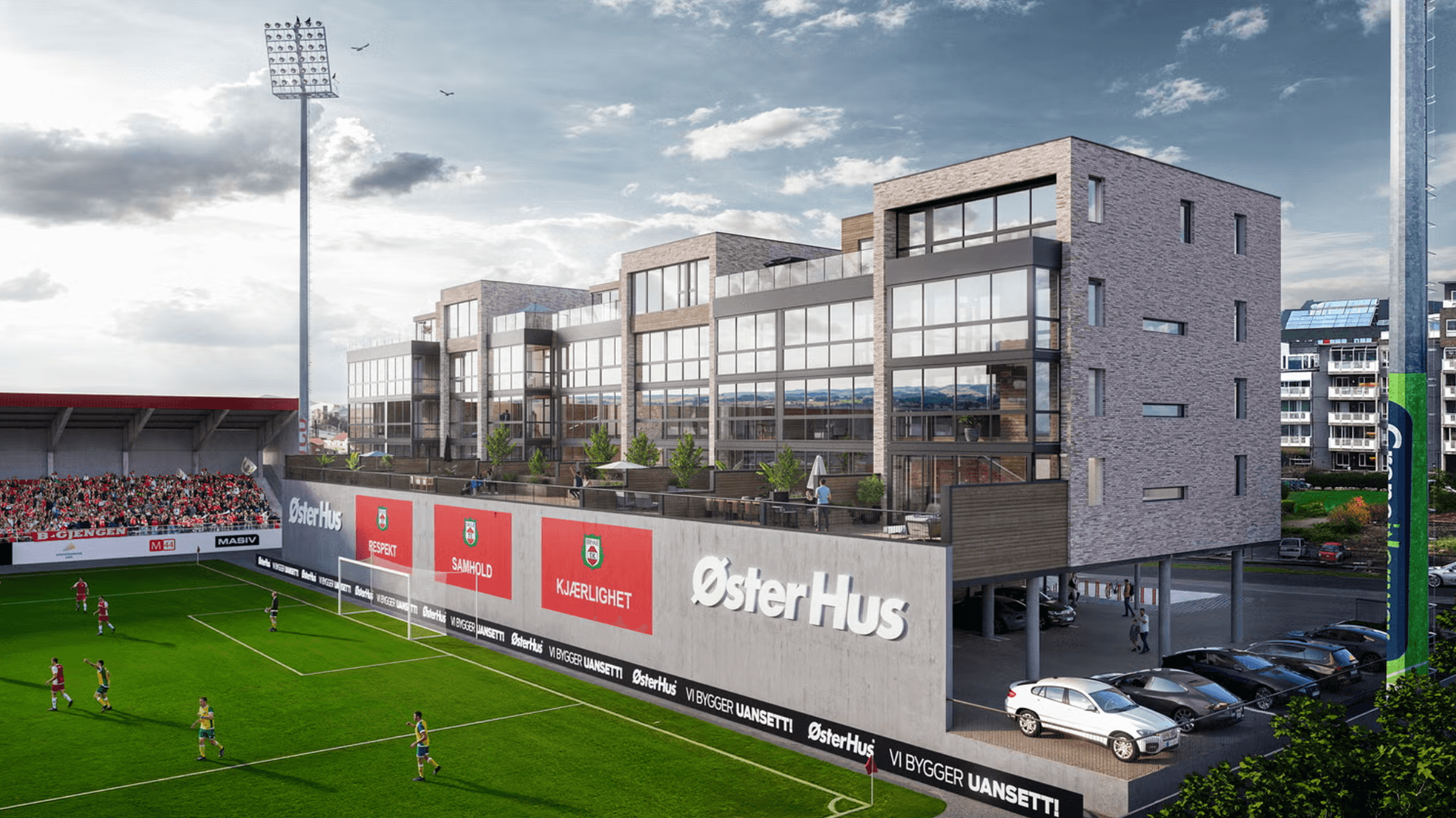 Bryne Stadion Klokkesvingen — boligblokk med butikk, prosjektert av KM Prosjektering